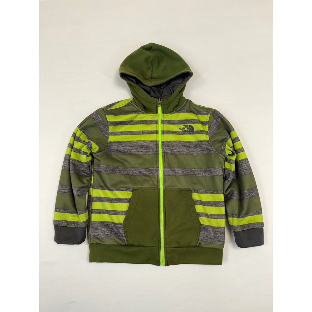 The North Face Boys Reversible Hooded Zip Up Jacket Green Gray Stripe Size XS